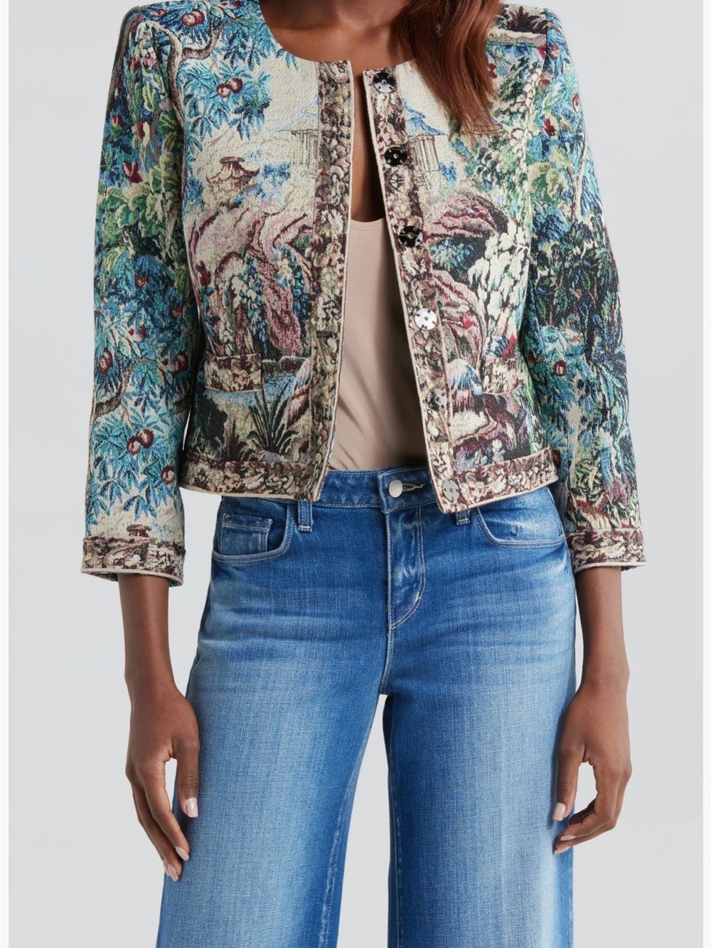 L'AGENCE Lian Multicolor Tapestry Jacket Boxy Collarless Crop Italian Inspire XL - Picture 10 of 11